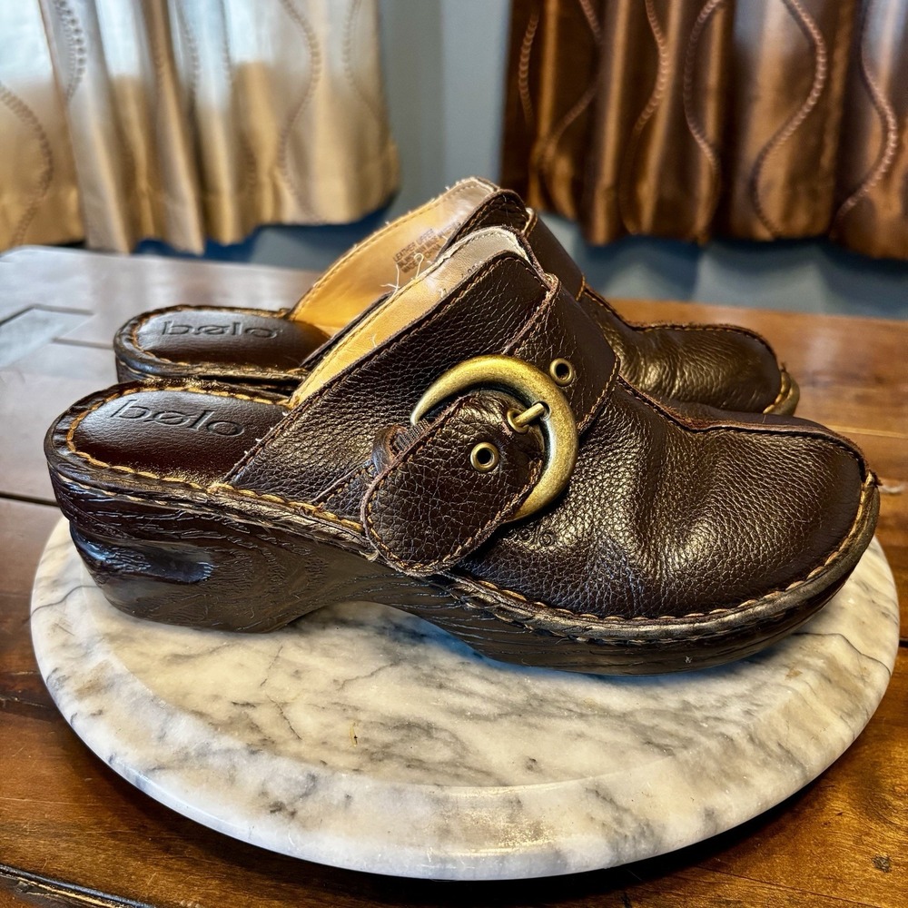 Bolo Born Wedge Clogs Brown Leather Buckle Mules Comfort Shoes Women Sz 7 EU 38